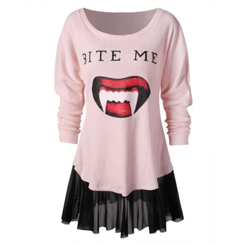 Vampire Print Long leeve Chiffon Brim T-shirt - Light Pink Fansmadedirect