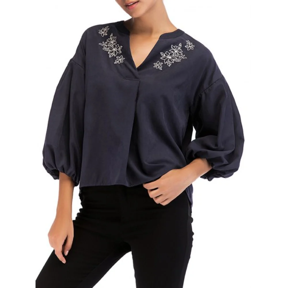 Vintage antern Sleeve Floral Embroidery Top - Deep Blue Fansmadedirect