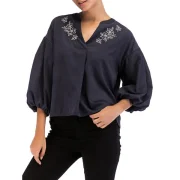 Vintage antern Sleeve Floral Embroidery Top - Deep Blue Fansmadedirect