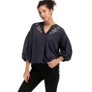 Vintage antern Sleeve Floral Embroidery Top - Deep Blue Fansmadedirect