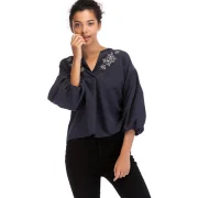 Vintage antern Sleeve Floral Embroidery Top - Deep Blue Fansmadedirect