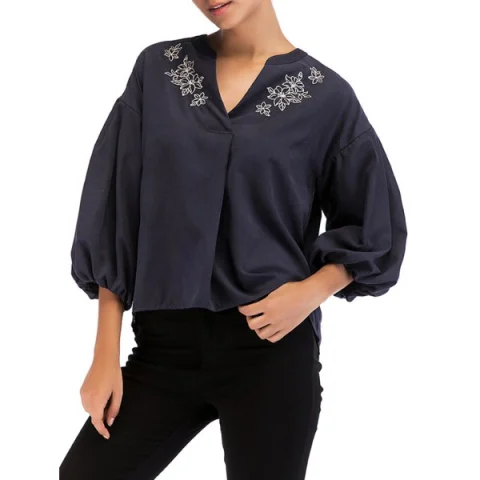 Vintage antern Sleeve Floral Embroidery Top - Deep Blue Fansmadedirect