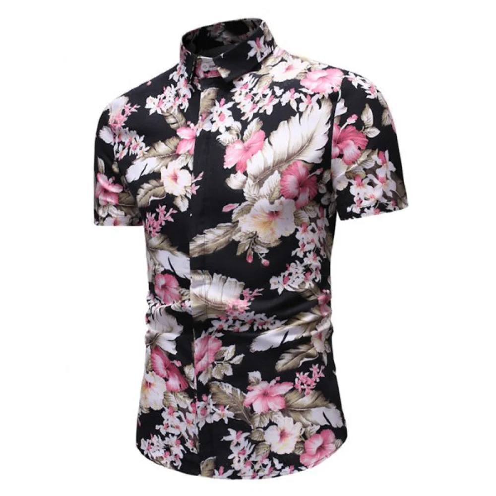 Vintage Flower Leaf Print Button Up Shirt - Black Fansmadedirect