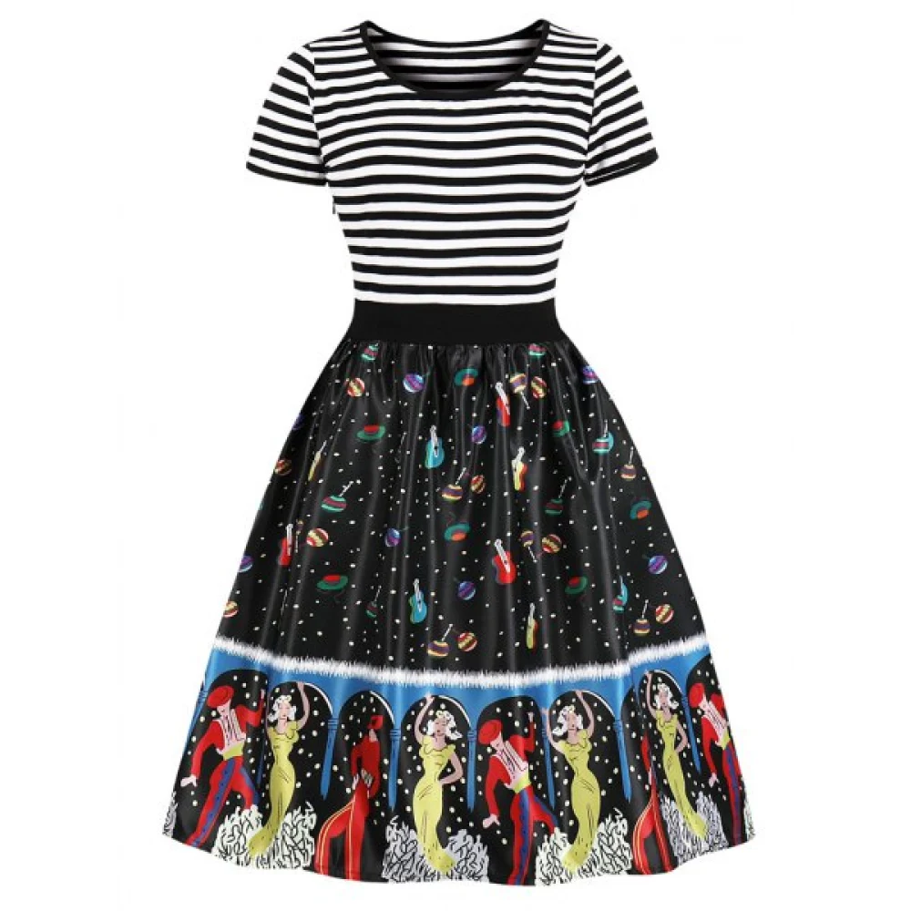 Vintage triped Printed High Waist Dress - Fansmadedirect