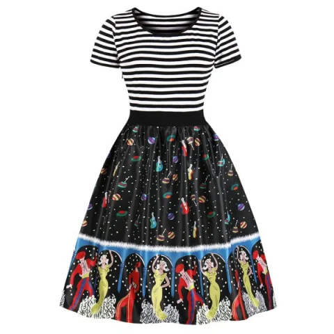 Vintage triped Printed High Waist Dress - Fansmadedirect