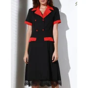 Vintage Turn-Down Collar Color Block Short Sleeve Women's Dress - Black Fansmadedirect