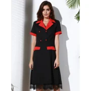 Vintage Turn-Down Collar Color Block Short Sleeve Women's Dress - Black Fansmadedirect