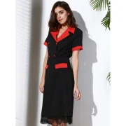 Vintage Turn-Down Collar Color Block Short Sleeve Women's Dress - Black Fansmadedirect