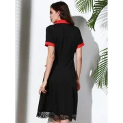 Vintage Turn-Down Collar Color Block Short Sleeve Women's Dress - Black Fansmadedirect