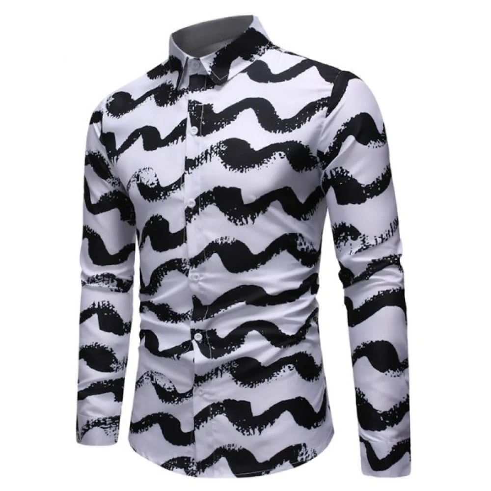 Wave Print Casual ong Sleeves Shirt - White Fansmadedirect