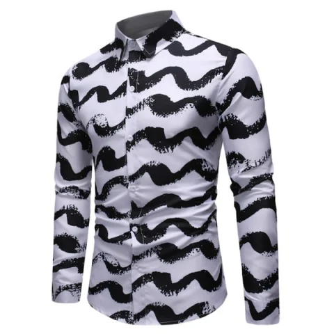 Wave Print Casual ong Sleeves Shirt - White Fansmadedirect