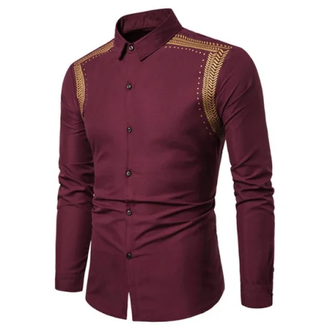 Wheat Ears Design Party Long Sleeves Button Shirt - Red Wine Fansmadedirect