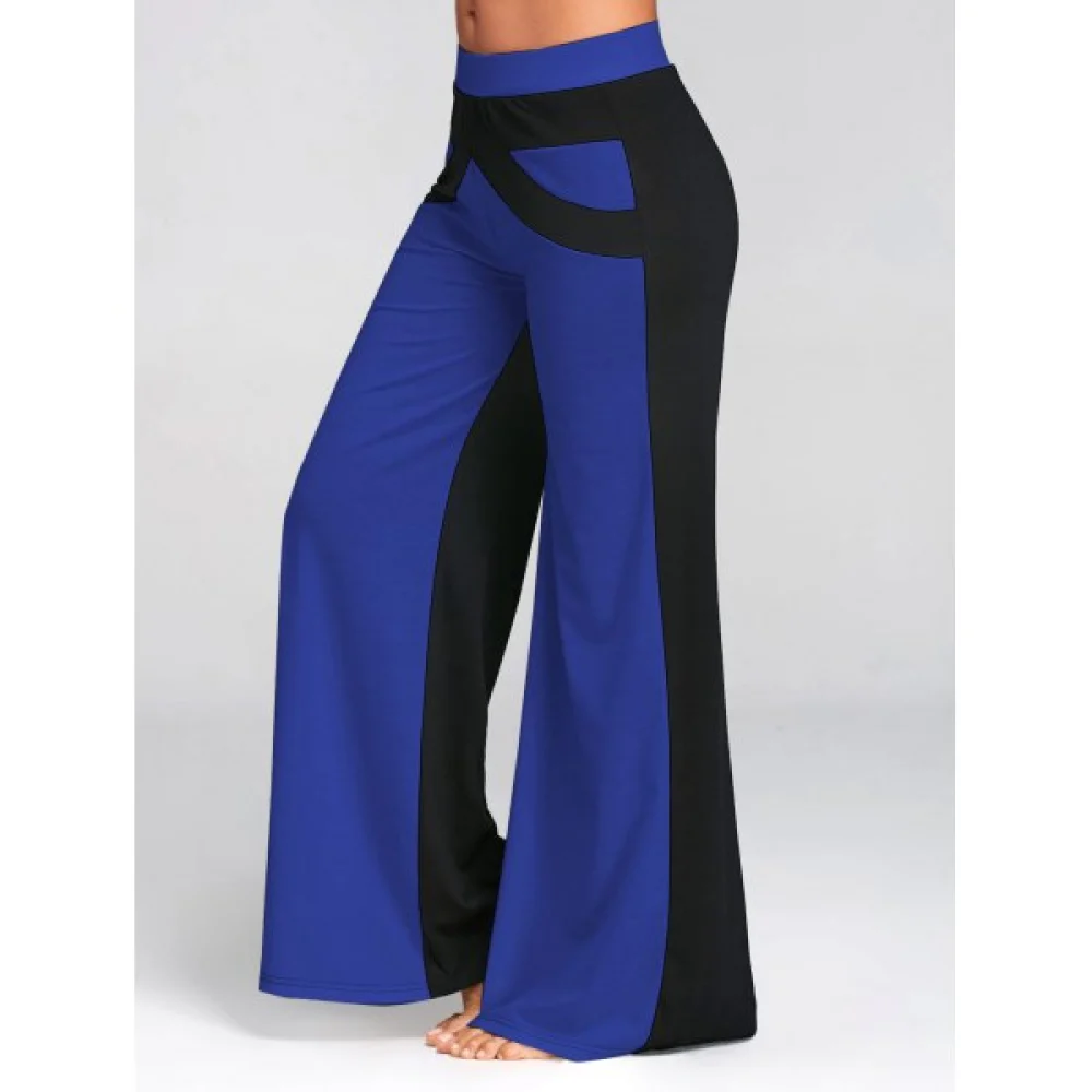 Wide Leg Pants with Color Block - Blue Fansmadedirect
