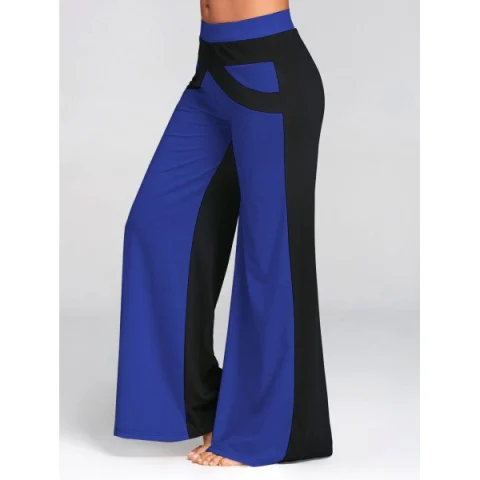 Wide Leg Pants with Color Block - Blue Fansmadedirect