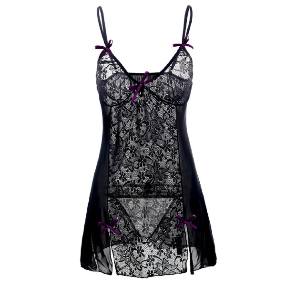 Women exy houlder trap Bowknot Plus ize Babydoll Lingeries leepdress - Black Fansmadedirect
