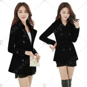 Women fashion collect waist brief paragraph double-breasted british wind lapel pure color trench coat - Black Fansmadedirect