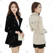 Women fashion collect waist brief paragraph double-breasted british wind lapel pure color trench coat - Black Fansmadedirect