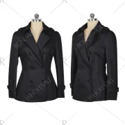 Women fashion collect waist brief paragraph double-breasted british wind lapel pure color trench coat - Black Fansmadedirect