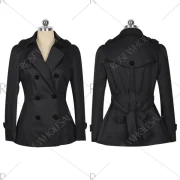 Women fashion collect waist brief paragraph double-breasted british wind lapel pure color trench coat - Black Fansmadedirect