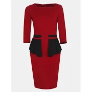Women Fashion Round Neck 3/4 leeve Bodycon Dress - Lava Red Fansmadedirect