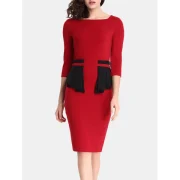 Women Fashion Round Neck 3/4 leeve Bodycon Dress - Lava Red Fansmadedirect