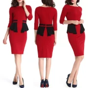 Women Fashion Round Neck 3/4 leeve Bodycon Dress - Lava Red Fansmadedirect