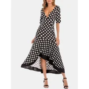 Women Irregular Lotus Leaf Edge Wave Point Deep V Neck Long Dress - Black Fansmadedirect