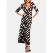 Women Irregular Lotus Leaf Edge Wave Point Deep V Neck Long Dress - Black Fansmadedirect