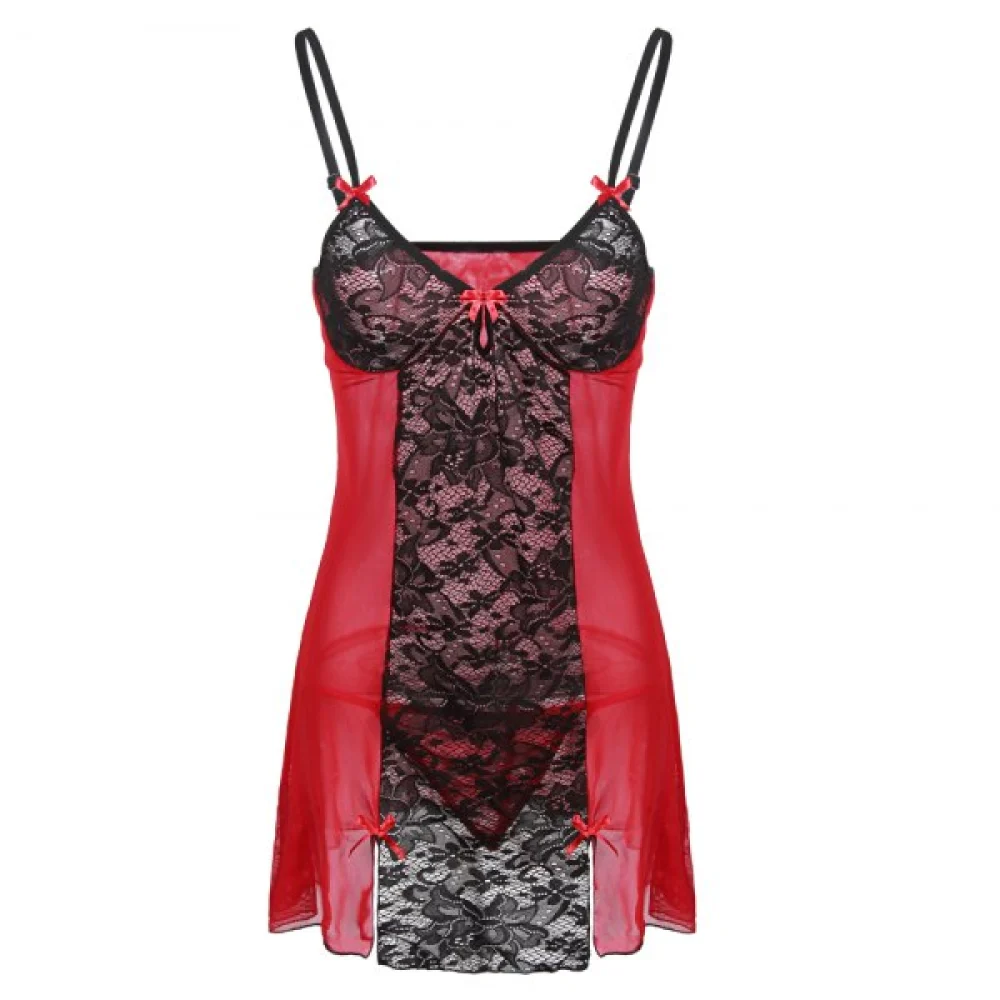 Women Sexy Shoulder Strap Bowknot Plus Size Babydoll Lingeries Sleepdress - Red Fansmadedirect