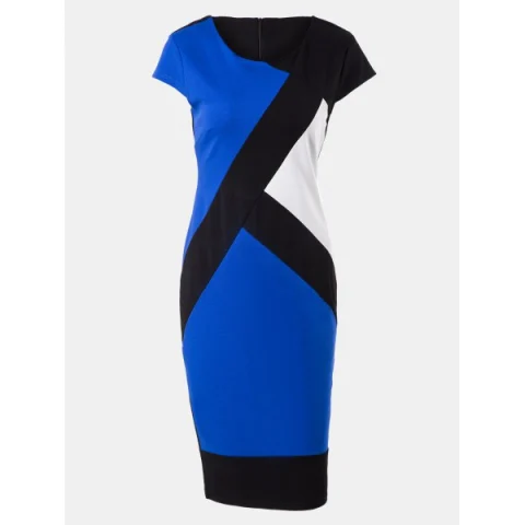 Women V-neck Long Sleeve Color Matching Mid Dress - Blue Fansmadedirect