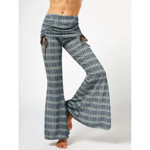 Women's Chic High Waist Bowknot Lace Loose Flare Pants - Gray Fansmadedirect