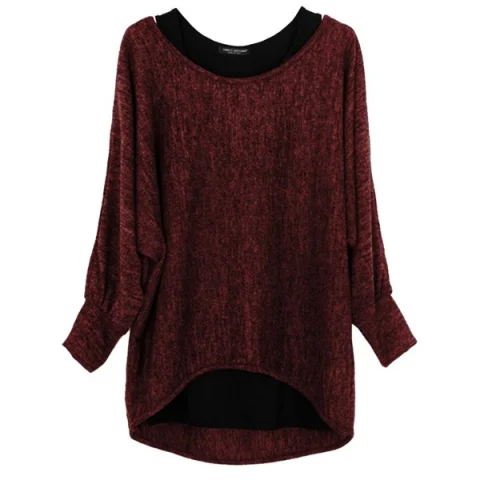 Women's Fashion Bat Sleeve Two Piece Vest Twinset T-Shirt Top - Red Wine Fansmadedirect