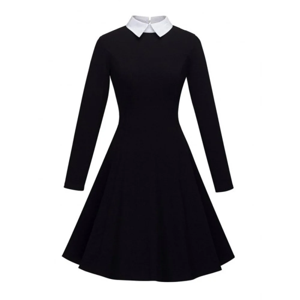 Women's Peter Pan Lapel Collar Long Sleeve Fit and Flare Dress - Black Fansmadedirect