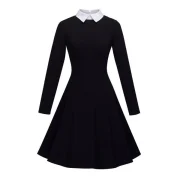 Women's Peter Pan Lapel Collar Long Sleeve Fit and Flare Dress - Black Fansmadedirect