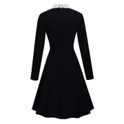 Women's Peter Pan Lapel Collar Long Sleeve Fit and Flare Dress - Black Fansmadedirect