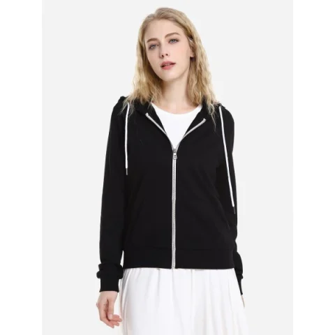 ZAN.STYE Contrast Drawstring Zip Up Fleece Hoodie - Black Fansmadedirect