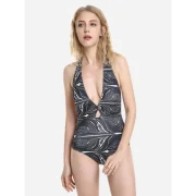 ZAN.STYE Self Tie Halter Neck One-Piece Swimsuit - Black And White Fansmadedirect