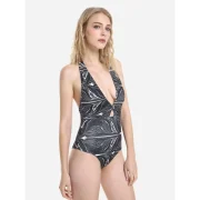 ZAN.STYE Self Tie Halter Neck One-Piece Swimsuit - Black And White Fansmadedirect