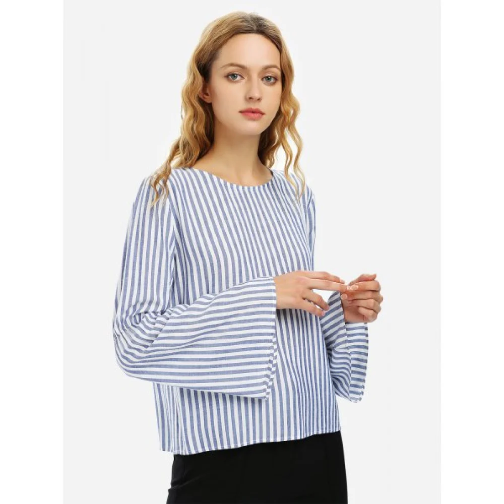 ZAN.STYLE Long Bell Sleeve Striped Blouse Shirt - Blue White Striped Fansmadedirect