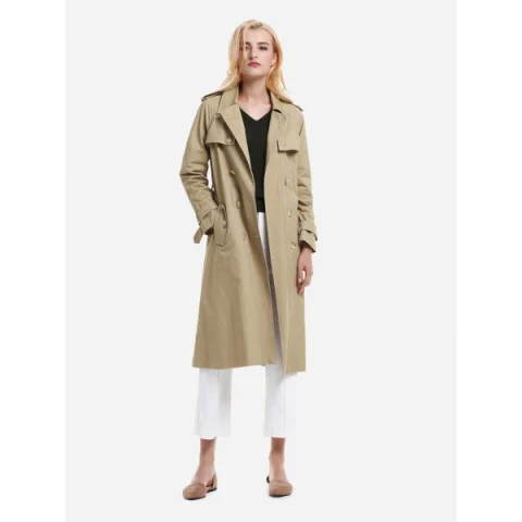 ZAN.STYLE Longline Silhouette Double Breasted Belted Trench Coat - Khaki Fansmadedirect