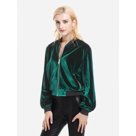 ZAN.STYLE Ribbed Trim Velvet Jacket - Blackish Green Fansmadedirect