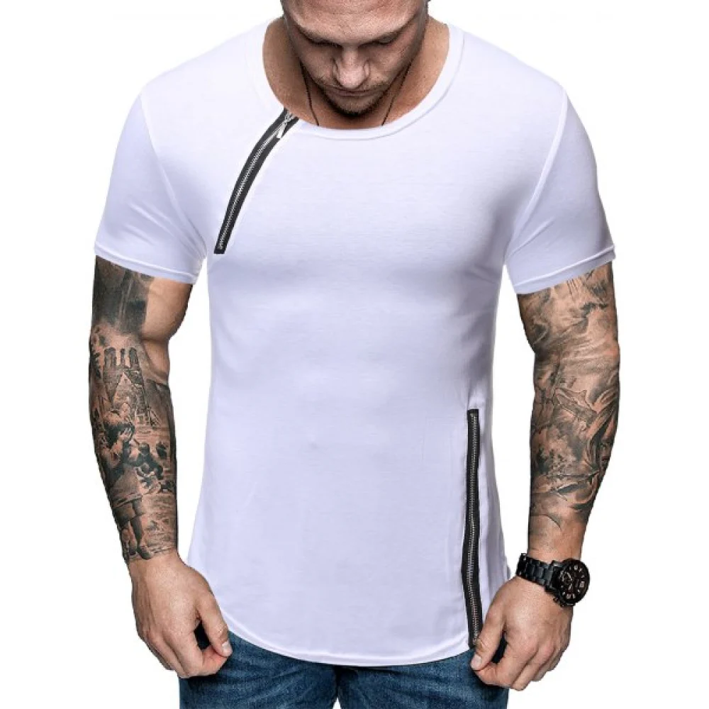 Zipper Decoration Casual Short Sleeves T-shirt - White Fansmadedirect