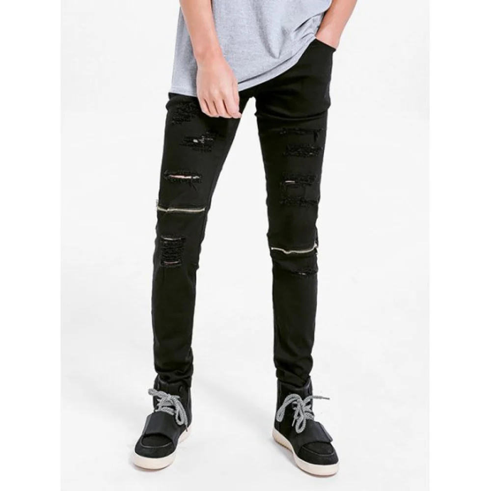 Zipper Embellished Skinny Ripped Jeans - Black Fansmadedirect