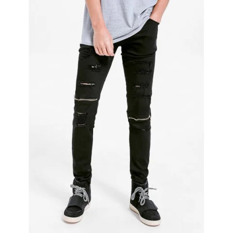 Zipper Embellished Skinny Ripped Jeans - Black Fansmadedirect
