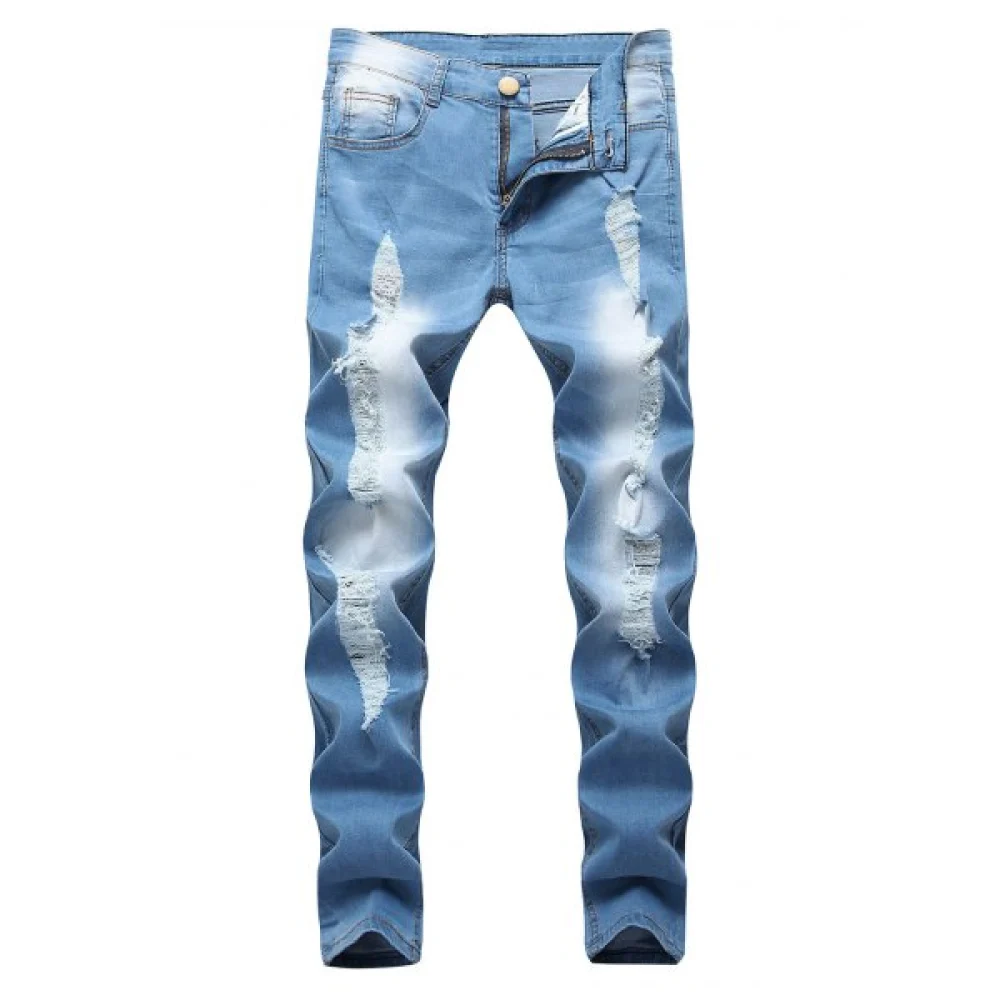 Zipper Fly Decoration Ripped Casual Jeans - Light Blue Fansmadedirect