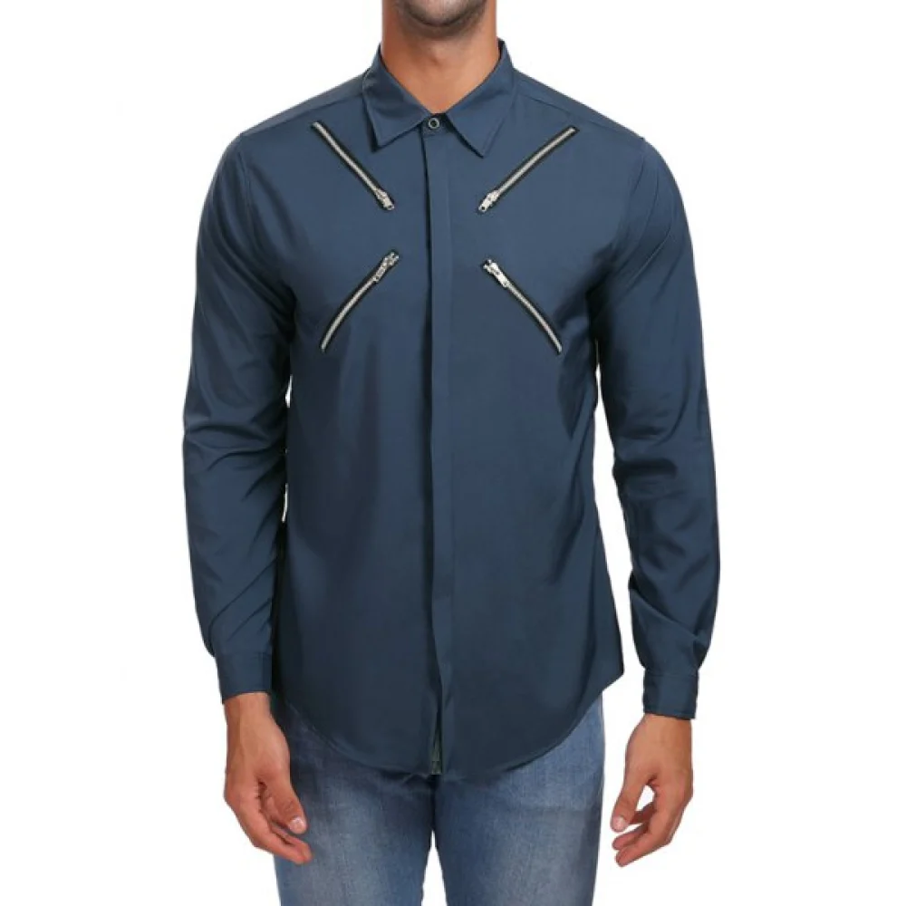 Zippers Hidden Button Casual Shirt - Cadetblue Fansmadedirect